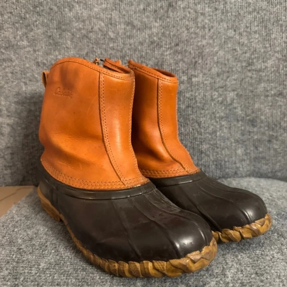Cabelas Mens Duck Boots Tan Brown Leather Rubber Steel Shank Size 9 Zip Up